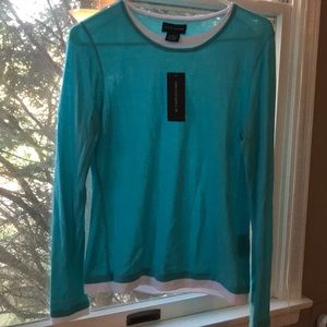 Women’s lightweight sweater, turquoise and white